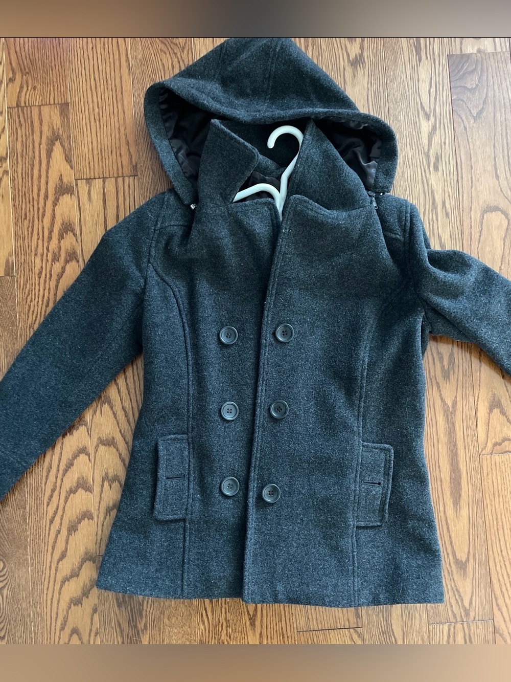 Reitmans Dark Gray Double-Breasted Hooded Peacoat